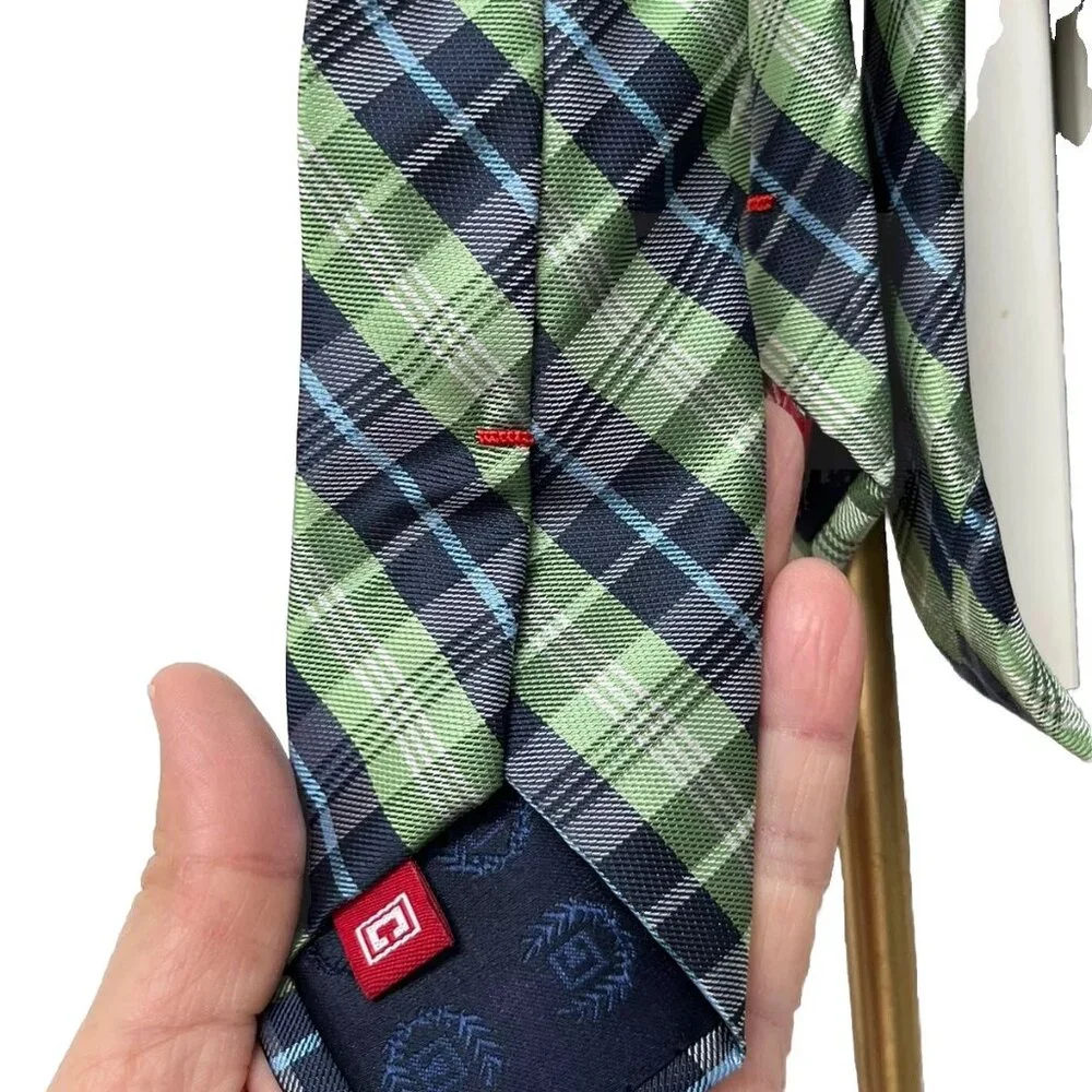 Chaps Boys Necktie Leaf Green Dark Light Blue White Plaid Tie 2.5